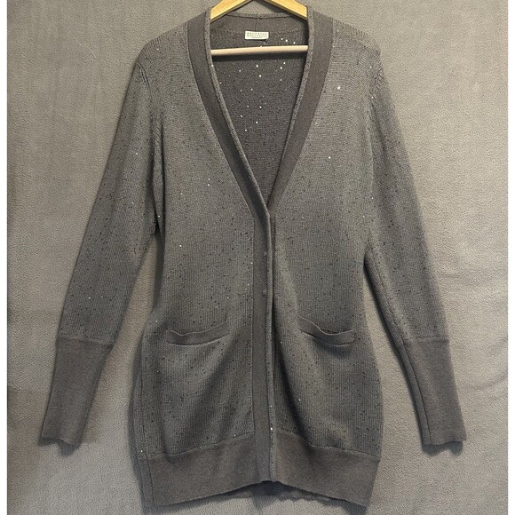 Brunello Cucinelli Cashmere Silk Cardigan Size XXL Gray Sequin Quiet Luxury - Picture 2 of 11
